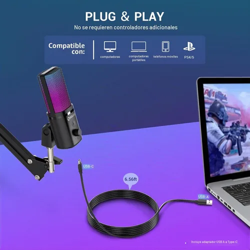 Vista 2 de FDUCE Micrófono USB para juegos RGB, micrófono condensador con silencio, ganancia, monitoreo, brazo de boom para transmisión, podcast, Twitch