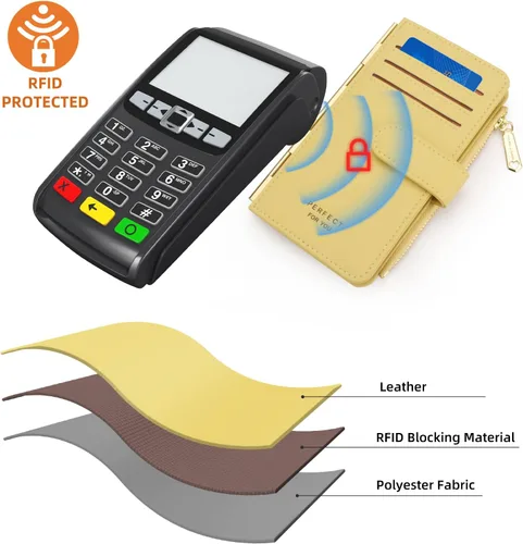 Vista 6 de PERFECB - Cartera para mujer, con bloqueo RFID, delgada, plegable, para tarjetas de crédito, con cremallera simple, Amarillo, Cartera con tarjetero