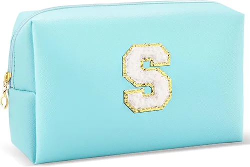 Vista 27 de URSKYTOUS Regalos para niñas, bolsa de maquillaje con inicial, bolsa de cosméticos personalizada con cremallera, bonita bolsa de aseo de viaje, Azul