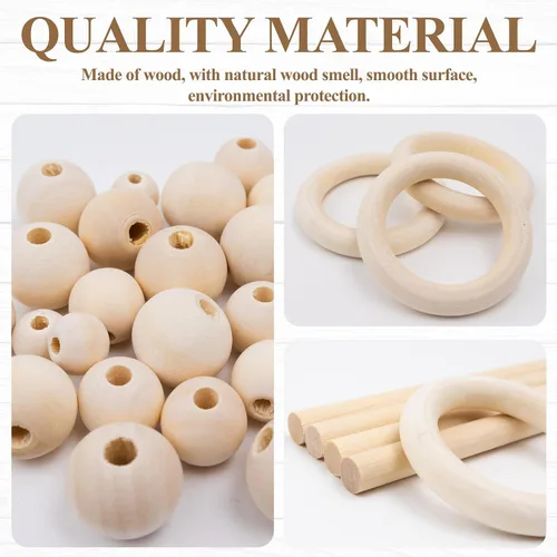 Vista 3 de El kit de macramé de 93 piezas incluye 4 palos de madera de macramé, 34 anillos de madera, círculos de 55 cuentas de madera sin terminar, anillos