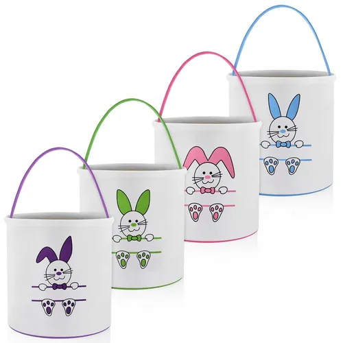 Vista 14 de Honeydak 4 cestas de Pascua para niños, bolsas de caza de huevos de Pascua, bolsas de lona de regalo, cubos de huevos con asas para caza de huevos