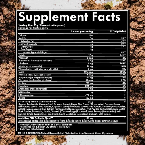 Vista 3 de WelleCo Proteína de chocolate en polvo a base de plantas, mezcla de arroz integral orgánico y guisantes, 0.56 oz de proteína por porción, suplemento