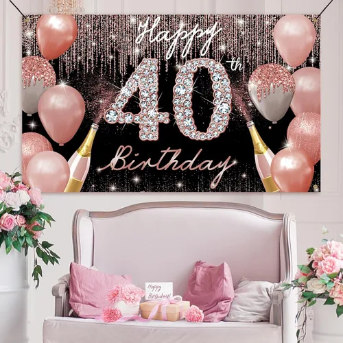 Vista 5 de Cartel de fondo de feliz cumpleaños 40, decoración de cumpleaños 40 para mujer, oro rosa, cartel de fiesta de cumpleaños de 40 años, cartel de fondo