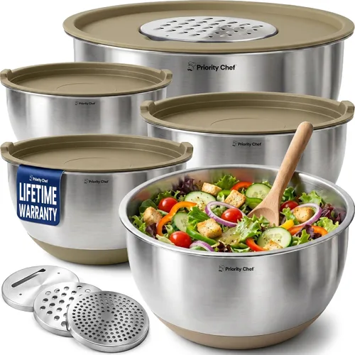 Vista 12 de Priority Chef Juego de tazones para mezclar de acero inoxidable con tapas, 3 accesorios para rallar, tapas herméticas, base de silicona