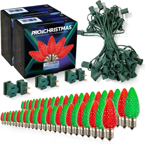 Vista 61 de Pro Christmas - Kit de luces C9 para exteriores, blanco cálido, cable verde, 50 bombillas, 50 pies