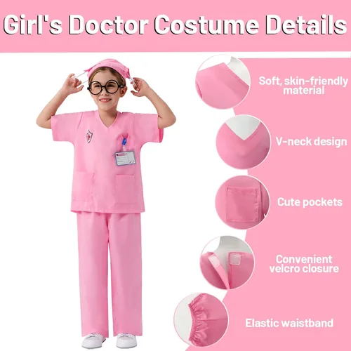 Vista 2 de Fooecor Doctor Costume for Kids, Halloween Scrubs Pants Set for Toddler Girls with 6 Toys Accessories