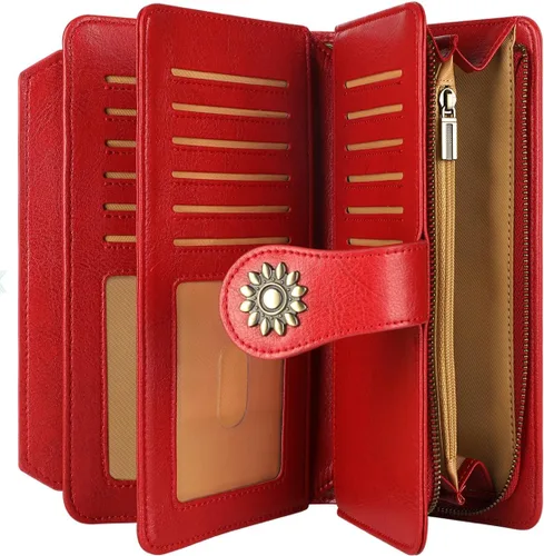 Vista 5 de Lavemi Carteras de cuero genuino de gran capacidad con bloqueo RFID para mujer, tarjetero con correa para la muñeca