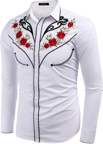 Vista 3 de COOFANDY Camisa vaquera occidental para hombre, camisa bordada de manga larga, ajustada, de algodón, casual, con botones