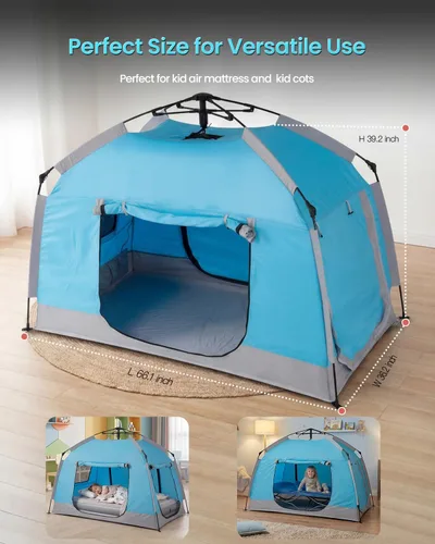 Vista 6 de Casa de juegos para niños fácil de instalar con bonita tira de luces LED y 3 aberturas grandes, carpa de juego portátil para niños y habitación