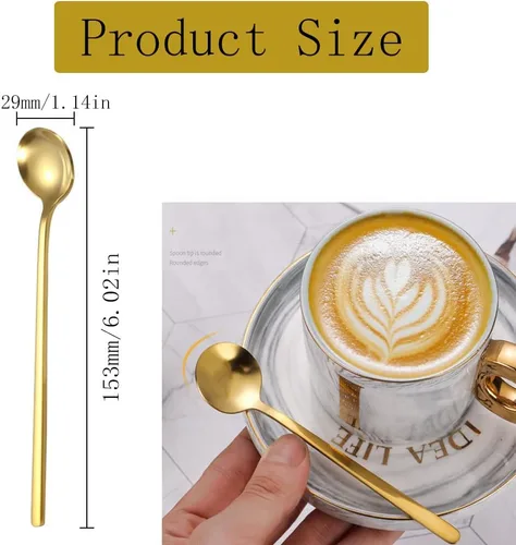 Vista 2 de Juego de 4 cucharas de té helado de mango largo, cucharas de café chapadas en oro para café expreso, azúcar, postre, pastel, helado, cóctel