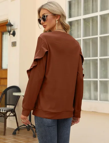 Vista 5 de Saloogoe Sudaderas de cuello redondo de manga larga casual con mangas con volantes ropa suave para otoño e invierno moda 2022