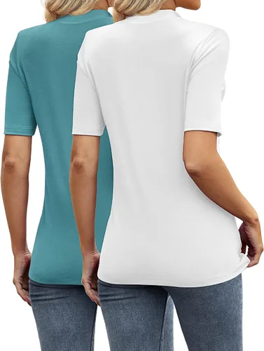 Vista 3 de Paquete de 2 camisetas casuales para mujer, cuello alto falso, camisas de negocios, media manga corta, cuello alto, manga corta, blusa de trabajo