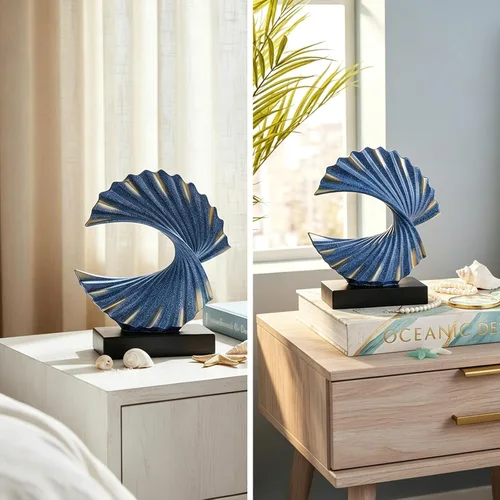 Vista 6 de Escultura de onda de oro azul, detalles modernos de olas oceánicas, estatua de arte de resina para estante, mesa de café, soporte de TV, adornos