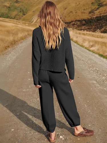 Vista 8 de Prinbara Conjunto de 2 piezas para mujer, suéter de punto para otoño, pantalones de gran tamaño, conjunto casual de descanso