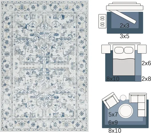 Vista 66 de jinchan Lima - Alfombra simétrica floral geométrica lavable, alfombra de entrada de medio círculo de 2 x 3, alfombra de media luna, suave y Azul