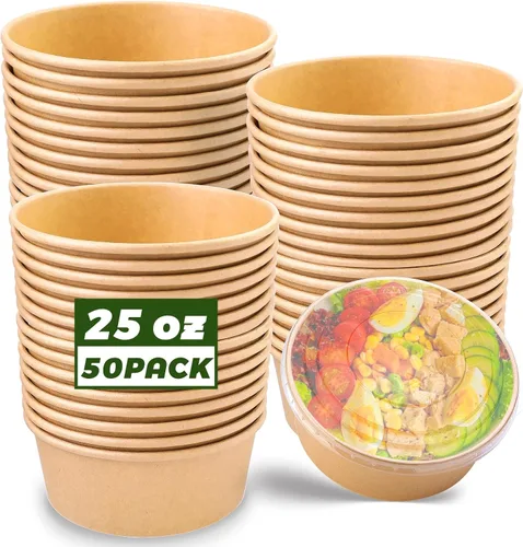 Vista 9 de Paquete de 50 cuencos de papel de 17 onzas, cuencos de ensalada desechables con tapas Octagon Disposable Bowls, Disposable Food Containers with