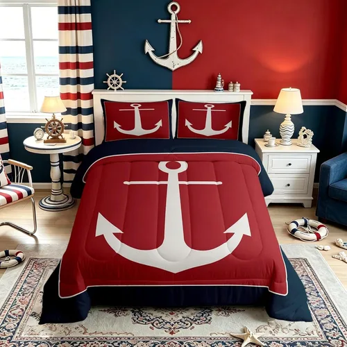Vista 27 de Juego de edredón de brújula azul marino, tamaño individual, 2 piezas, diseño náutico de vela, estilo simple, para niños, adolescentes, adultos