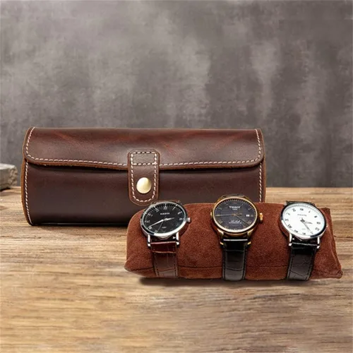 Vista 3 de XWWDP - Reloj suave y arrugado de cuero genuino con bolsillo para joyería organizador de viaje caja enrollable color marrón