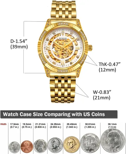 Vista 5 de BINLUN Reloj de pulsera para hombre, mecánico automático, reloj dorado con cuerda automática, elegante, chapado en oro de 18 quilates, relojes