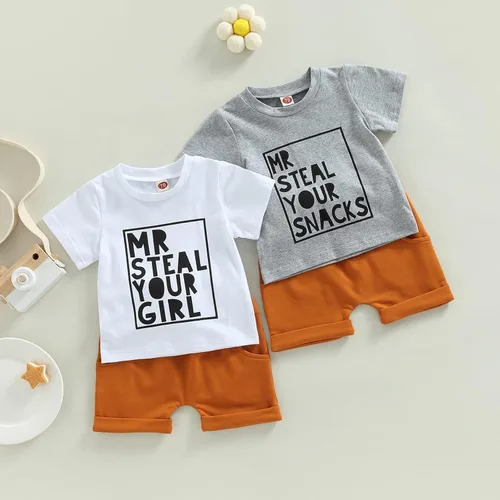 Vista 17 de Conjunto de ropa de verano para niños pequeños, 2 piezas, camiseta de manga corta con cintura elástica