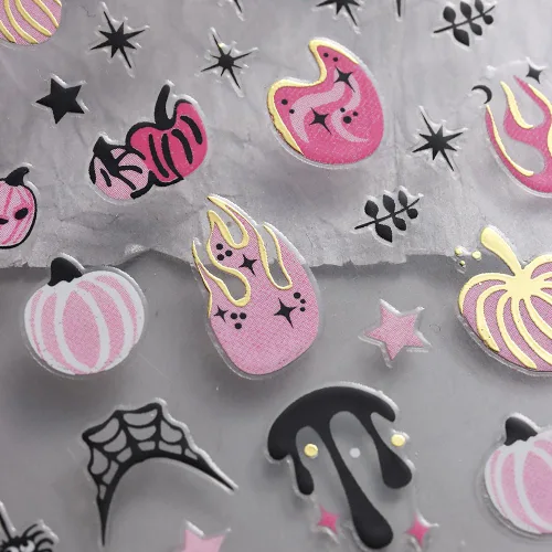 Vista 8 de 8 hojas de calcomanías de uñas de Halloween con diseños de fantasmas lindos, calabaza, araña, telaraña, sangre, llama 3D, autoadhesivas, Otoño
