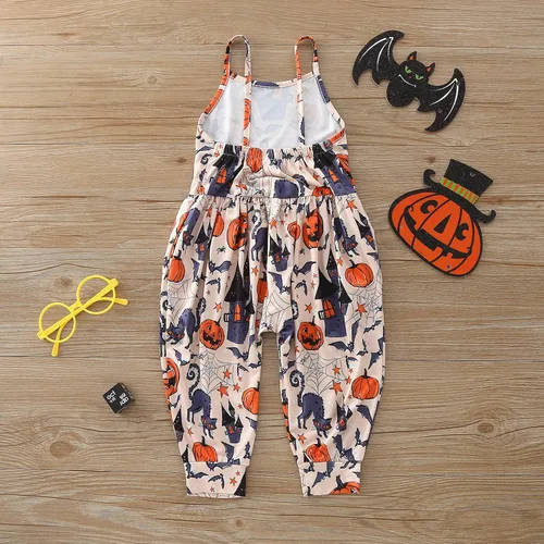 Vista 5 de Mameluco de verano para niñas pequeñas, con tirantes florales, pantalones de harén sueltos, pantalones de harén con bolsillos, marrón (Brown A), 3-4T