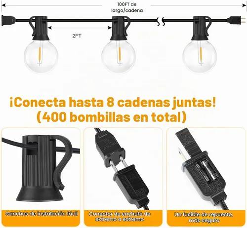 Vista 5 de Luces de cadena LED globo G40 para exteriores de 200 pies (100*2), regulables, impermeables, irrompibles, cadenas de luces con 103 bombillas