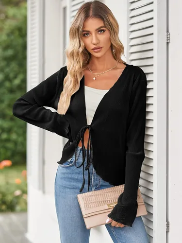 Vista 3 de ZAFUL Blusa plisada de manga larga con cuello en V profundo y lazo frontal para mujer