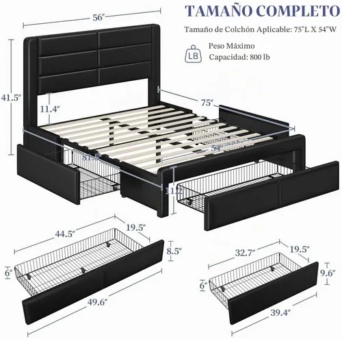 Vista 2 de Yaheetech - Marco de cama tapizado completo con almacenamiento y carga Negro