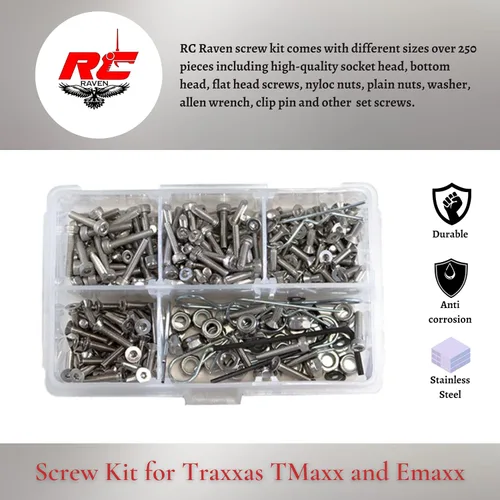 Vista 4 de Kit de tornillos RC para T-Maxx o E-Maxx con más de 250 piezas de acero inoxidable RC kit de herramientas para automóvil que incluye tornillos