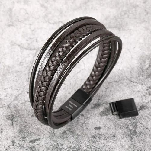 Vista 8 de murtoo Pulsera de cuero para hombre con cierre de piel de vaca multicapa trenzada pulsera para hombre