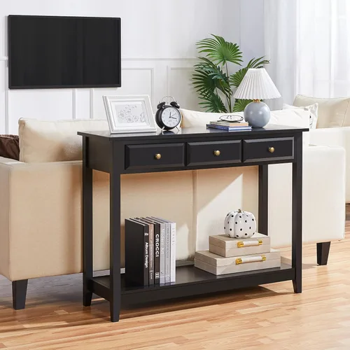 Vista 4 de Topeakmart Mesa consola con estante de almacenamiento y 3 cajones, mesa de sofá de 2 niveles para entrada/pasillo/sala de estar, material de madera