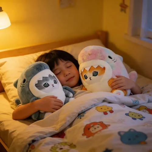 Vista 4 de Lindo juguete de peluche de gato de tiburón de 8 pulgadas, peluche de gato de camarón frito, almohada de peluche suave de gatito de tiburón, regalos