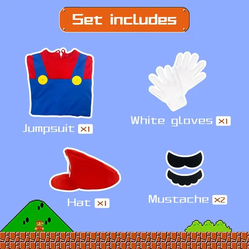 Vista 5 de Super Brothers Costume for Kids Halloween Plumber Cosplay Jumpsuit with Hat Mustache Gloves