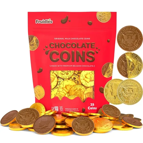Vista 8 de Fruidles Paquete de 50 Monedas de Chocolate con Leche, Medio Dólar Dorado, Elaboradas con Ingredientes Belgas Premium, Sin Frutos Secos, Sin OGM