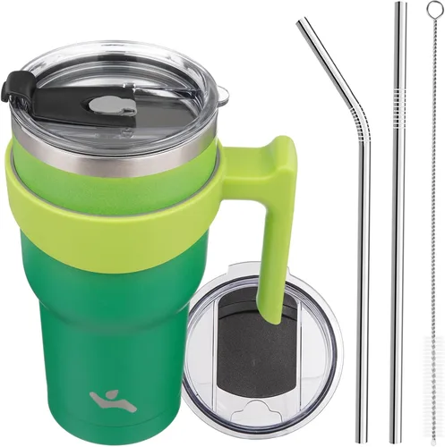Vista 43 de Konokyo - Vaso de 10 onzas con asa y 2 popotes, 2 tapas, botella de agua aislada de acero inoxidable, taza de viaje reutilizable, color verde militar