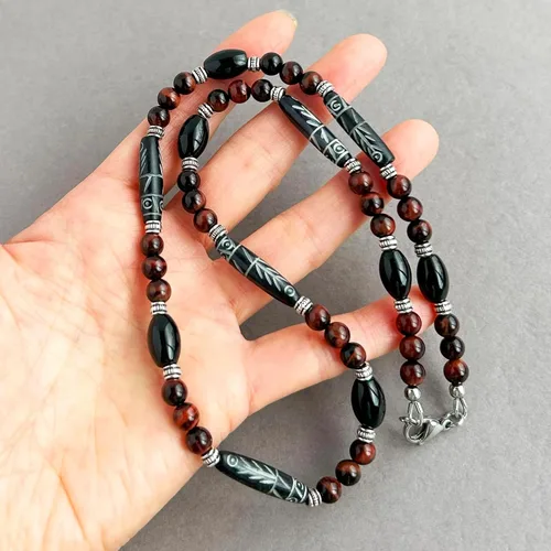 Vista 6 de Mami's Gem Studio Collar de estilo tribal para hombre, cuentas con hueso tallado, ónix negro y piedras preciosas, hecho a mano en Estados Unidos