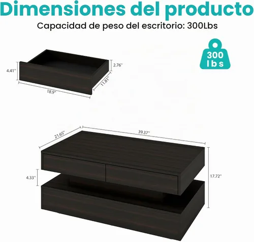 Vista 2 de Mesas de centro LED para sala de estar, mesa de centro moderna con 2 cajones de almacenamiento, mesa central de 2 niveles de madera con luces LED