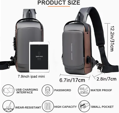 Vista 6 de Bolso bandolera antirrobo, bolsa de pecho impermeable con carga USB, Gris