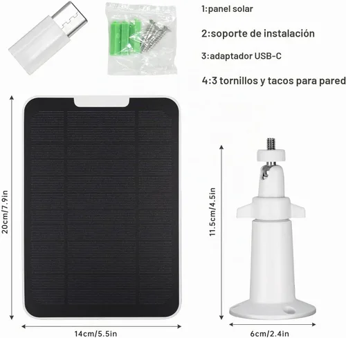 Vista 9 de Panel solar mejorado de 5 V 6 W para cámara de seguridad, compatible con Eufycam 2C/2C Pro/2/2 Pro/E20/E40/E, con puerto micro USB, adaptador USB-C