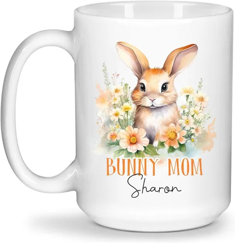 Vista 18 de Taza de viaje de cerámica personalizada de conejo, taza con nombre personalizado para los amantes de los conejos, taza de té con nombre temático