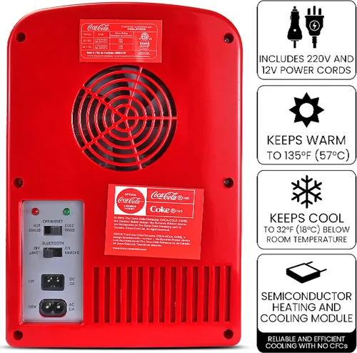 Vista 4 de Coca-Cola - Mini refrigerador de 4 litros, altavoz Bluetooth, 6 latas, rojo