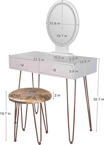 Vista 7 de Escritorio de tocador con espejo de brillo ajustable de 3 modos, juego de tocador con taburete acolchado para mujeres y niñas, mesa de maquillaje
