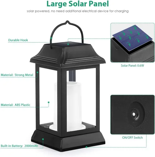 Vista 4 de TomCare Luces solares de metal con llama parpadeante para exteriores, faroles colgantes para exteriores, iluminación decorativa, funciona