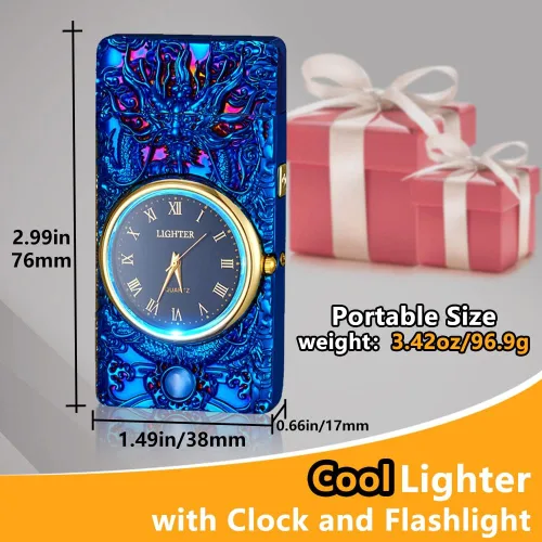 Vista 5 de Encendedor de dragón, encendedor de reloj, encendedor eléctrico a prueba de viento de plasma de doble arco, encendedor USB recargable con indicación