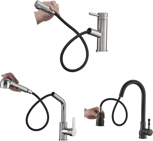 Vista 6 de Grifo desplegable para fregadero de baño de cocina de 1/2 pulgada IPS negro trenzado manguera de cabeza extraíble de 59 pulgadas o 59.1 in
