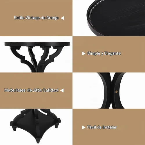 Vista 7 de Wnutrees Mesa auxiliar redonda de estilo granja, mesitas de noche rústicas para sala de estar, bandeja de madera, acabado artesanal, juego de 2 Negro