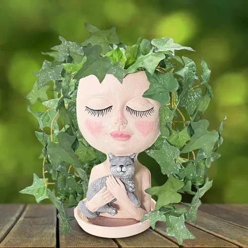 Vista 10 de Maceta con Rostro - Macetas Dobles para Plantas de Interior y Exterior, Resina, Cabeza de Planta con Agujero de Drenaje, Linda Cara de Dama, Macetas