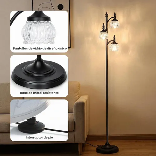 Vista 7 de JUNNAI Lámparas de pie negras para sala de estar, lámparas de pie de 66.5 pulgadas con pantalla de cristal, luces de brillo de 3 vías, lámpara