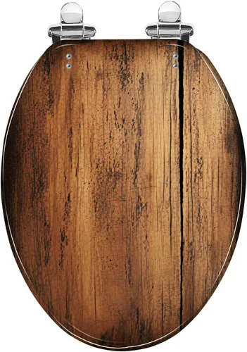 Vista 10 de Asiento de inodoro alargado con textura de tablón de madera blanca envejecida, asiento de inodoro de resina con encanto rústico con bisagras
